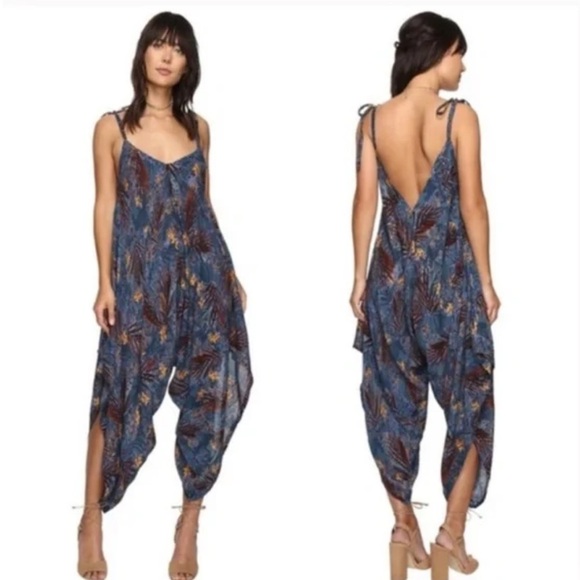 Free People El Porto Printed Wide Leg Romper Jumpsuit S Blue Boho Harem - Picture 2 of 11